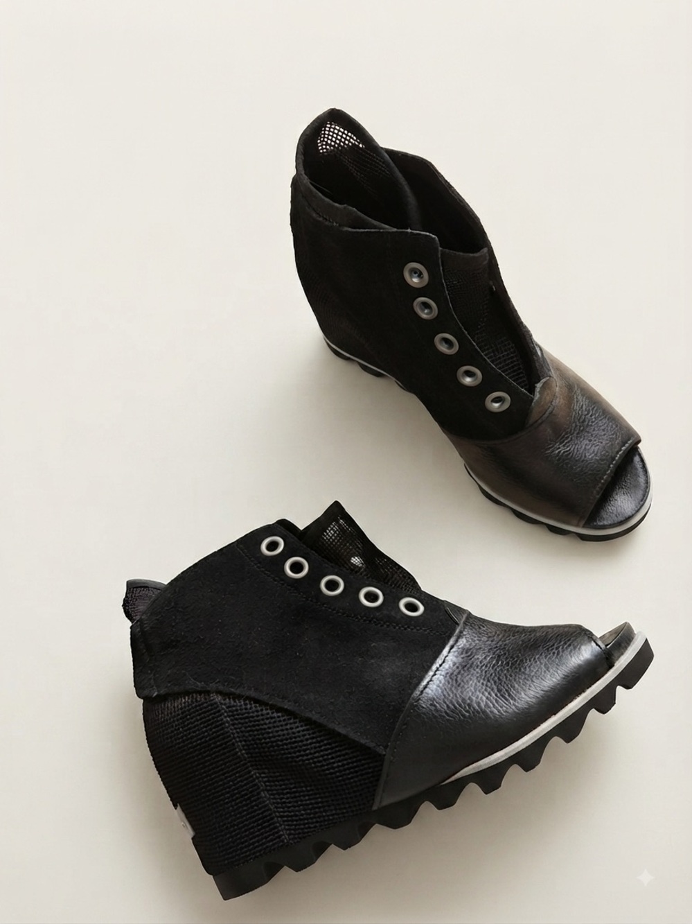 Sorel Sz 10 Joanie Leather Mesh Peep Toe Black Wedge Shoes
